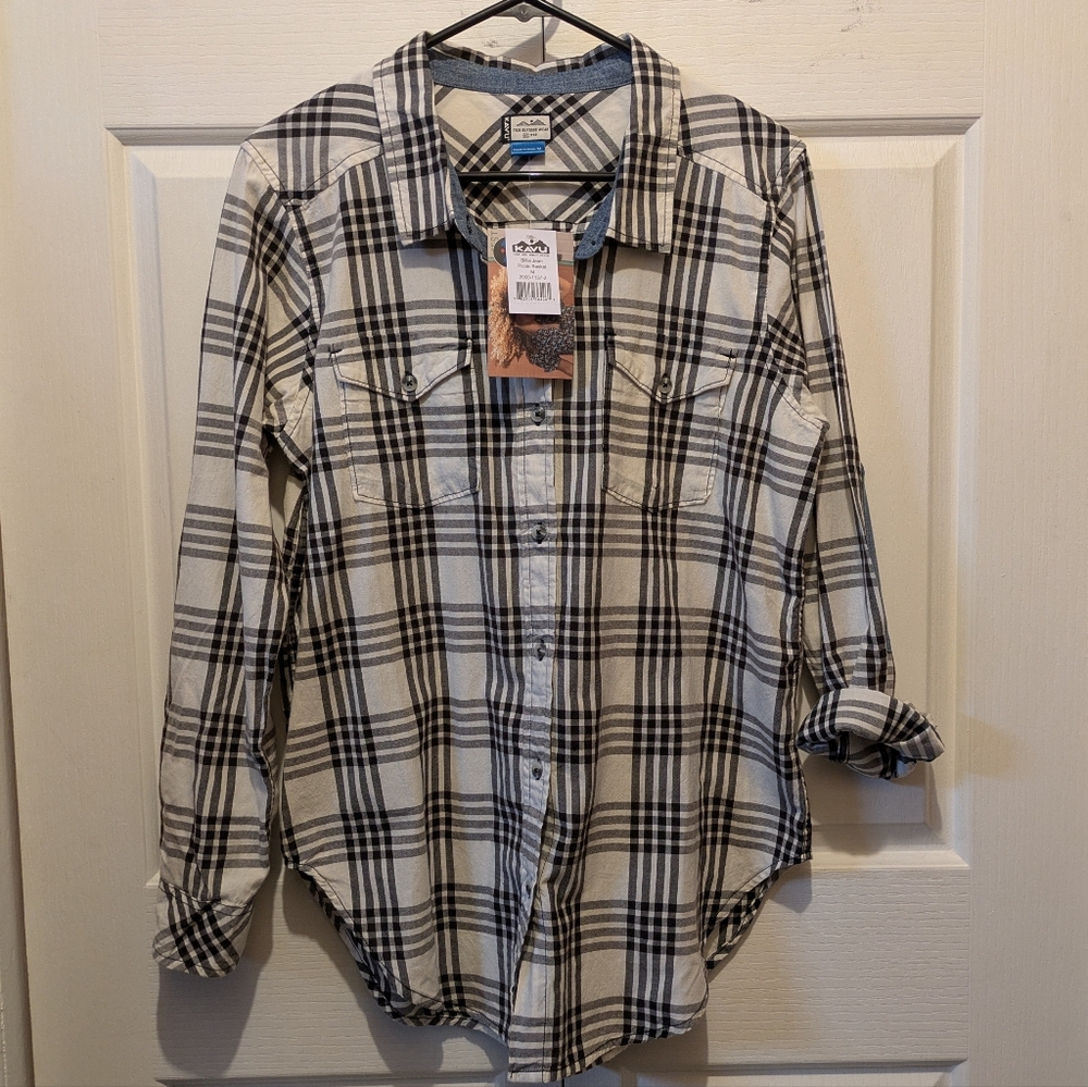 Kavu Billie Jean Button Up Shirt Elbow Patches Black & White Plaid Size M New!